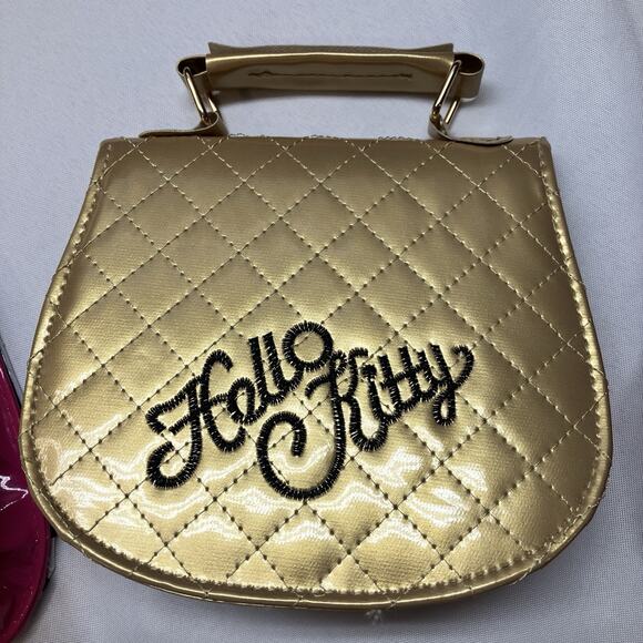 Hello Kitty Clutch Purses Small Bag With Extra Strap (3) Gold Pink White 7” X 7” - Picture 4 of 12